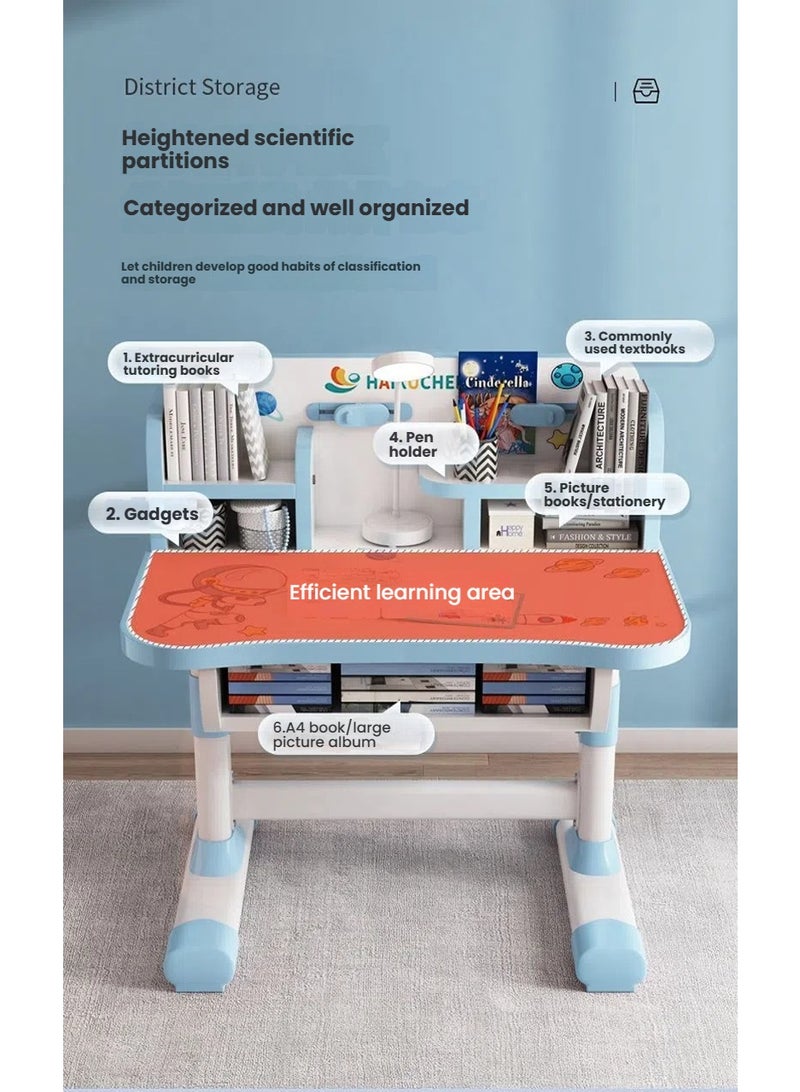 POWER Children's desk and chair set, multi-functional children's reading and learning activity table, ergonomic toddler chair, with storage drawers, bookshelf, and double shelves, suitable for students' writing and learning (sky blue). - Image 4